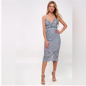 Bardot Vienna Dusty Blue Lace Midi Dress Spaghetti Strap Ruffle Crochet Lace